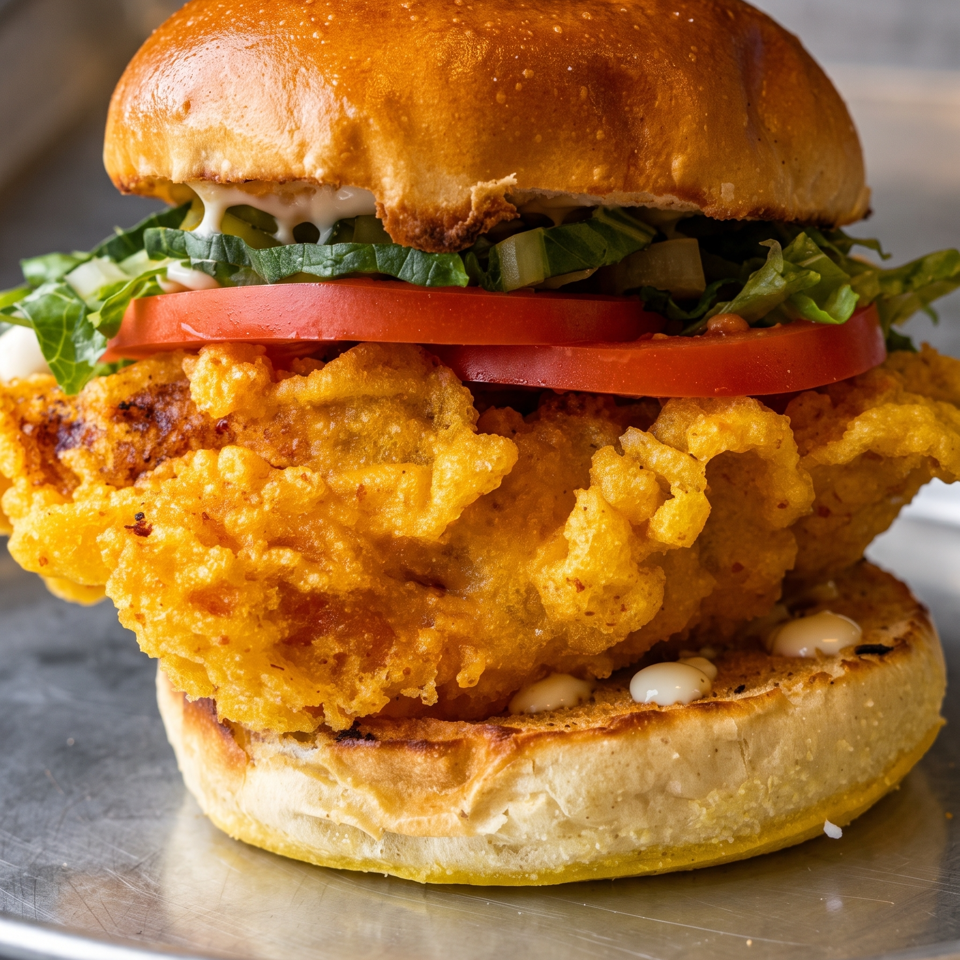 Close-up of a crispy fried chicken sandwich with lettuce, tomato, pickles, and creamy sauce on a metal plate.