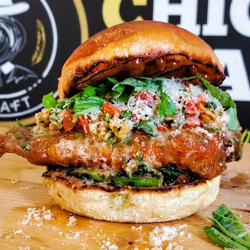 Gourmet fried chicken sandwich with greens, tomatoes, creamy topping, and herbs on a wooden board before a craft restaurant sign.