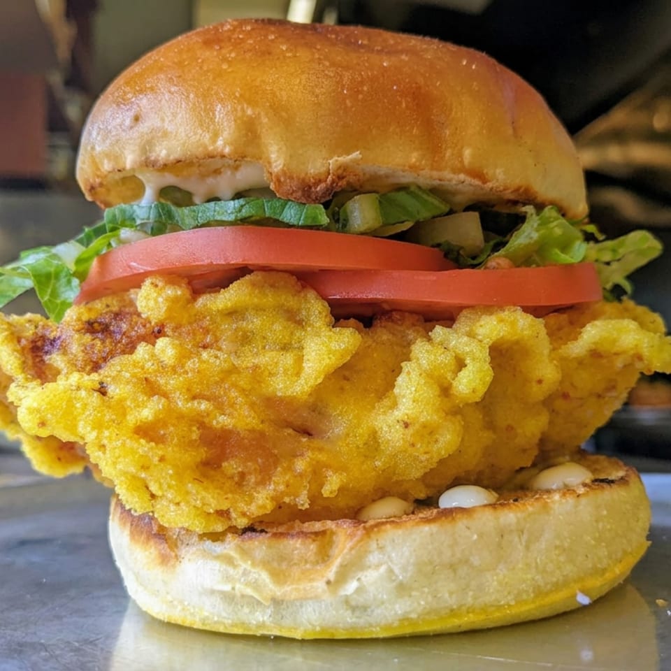Crispy fried chicken burger with lettuce, tomato, pickles, and toasted brioche bun on a restaurant counter.