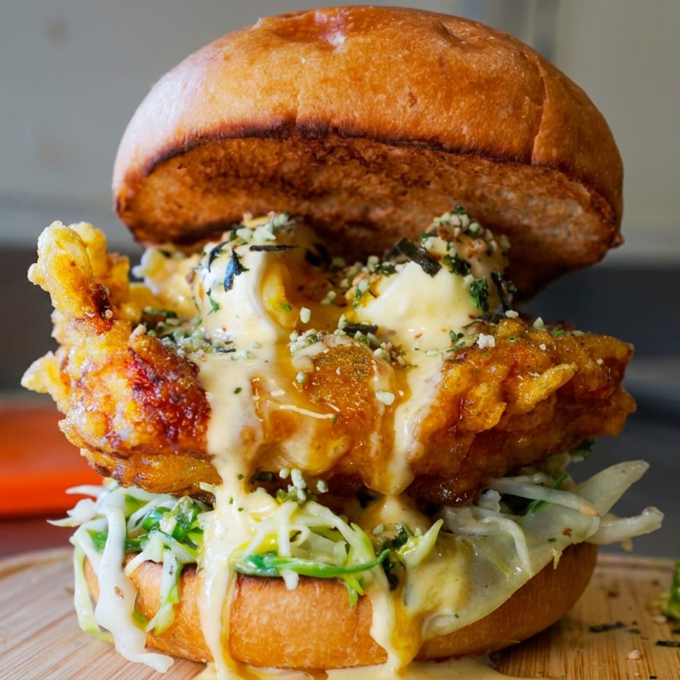 Loaded crispy fried chicken burger with creamy sauce, shredded cabbage, herbs, and a golden brioche bun on a wooden board.