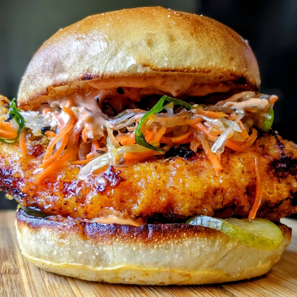 Close-up of a crispy fried chicken burger with shredded carrots, cabbage, green onions, and sauce on a wooden board.