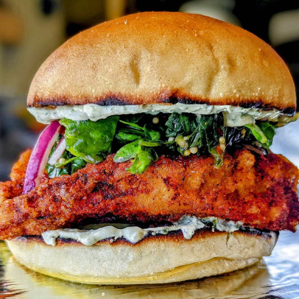 Crispy fried fish sandwich on a toasted bun with creamy sauce, leafy greens, and pickled onions.