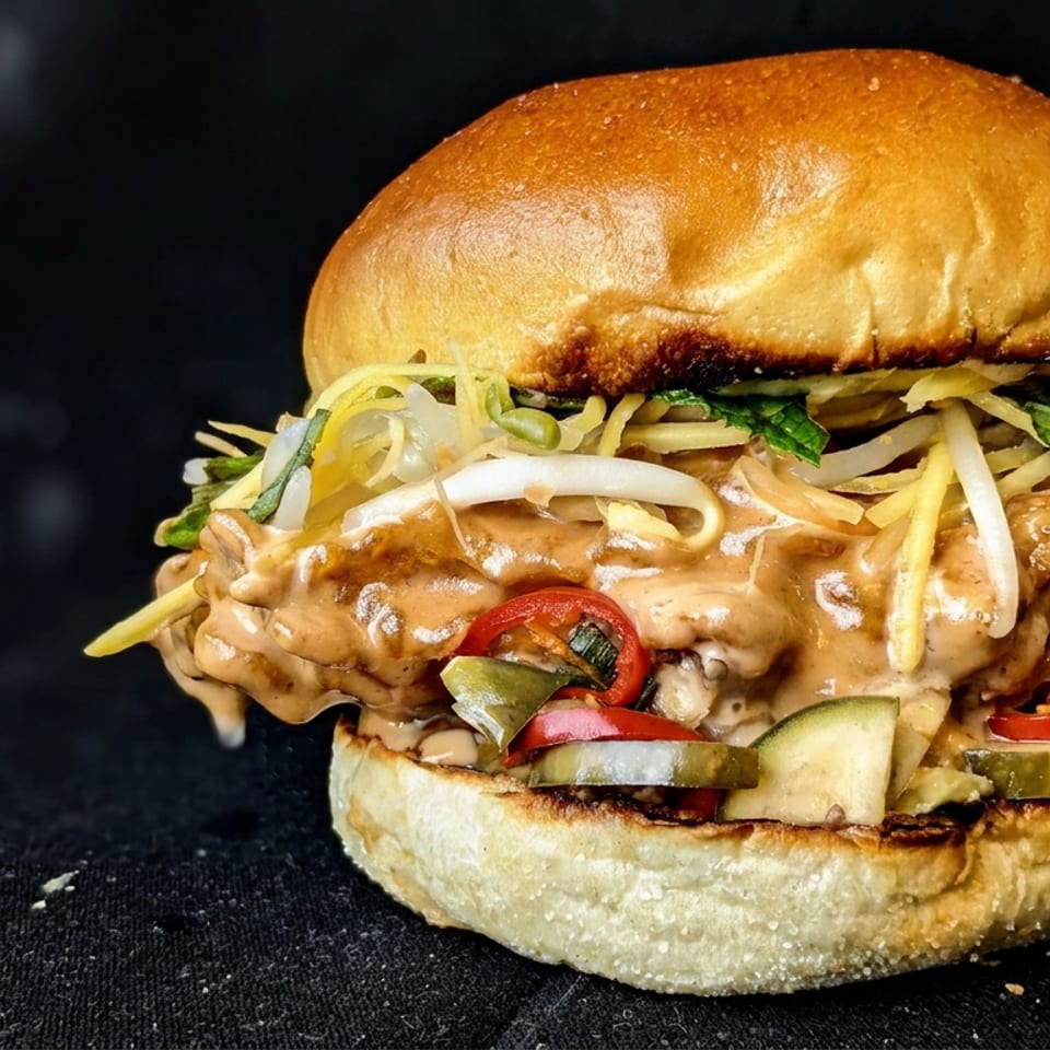 Loaded burger with a golden bun, saucy fried filling, shredded vegetables, herbs, pickles, and sliced red peppers on a dark surface.